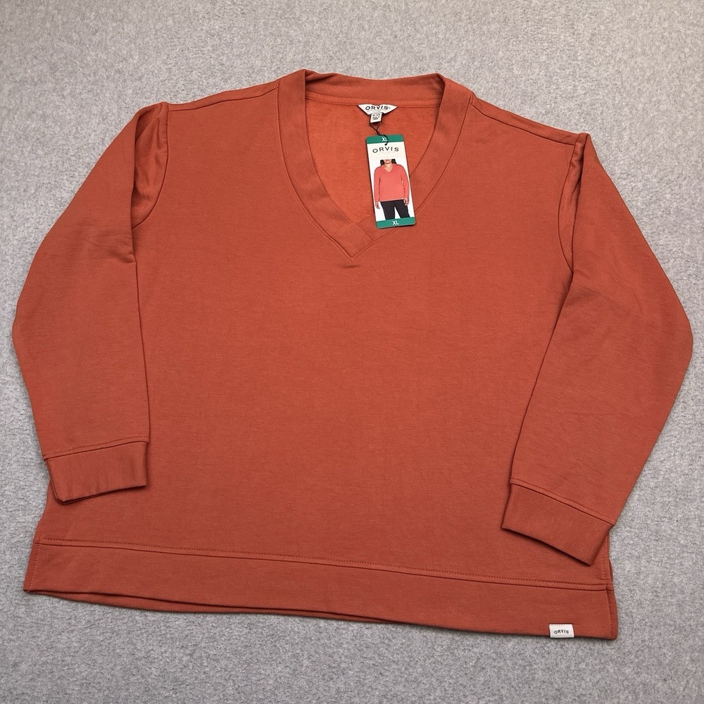 NEW Orvis V-Neck Dropped Shoulder Sweater Womens XL Orange Pullover Hiking‎